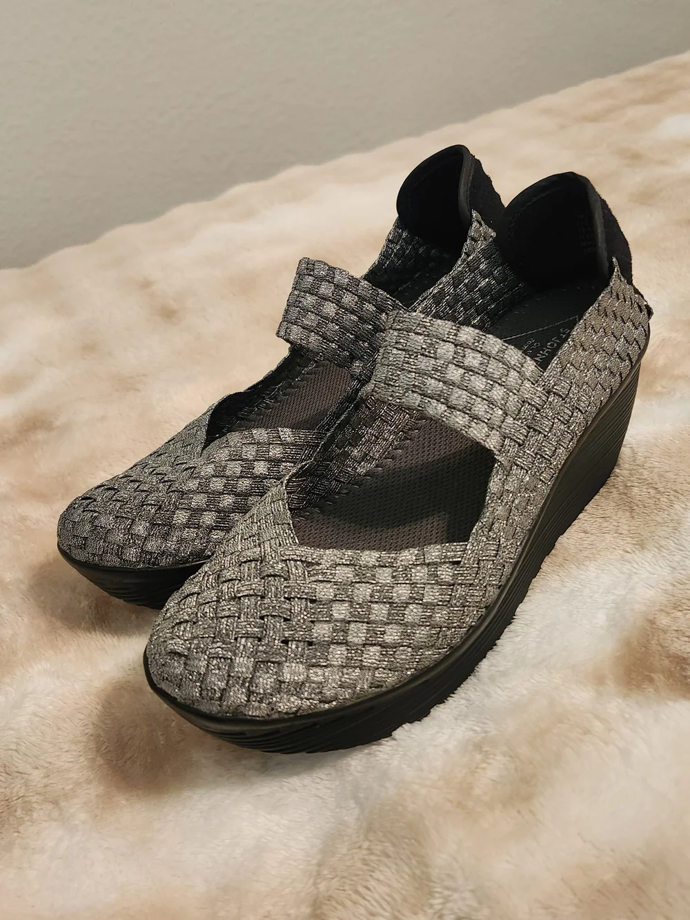 Woven Mary Jane Wedge Shoe in Gray Silver and Black